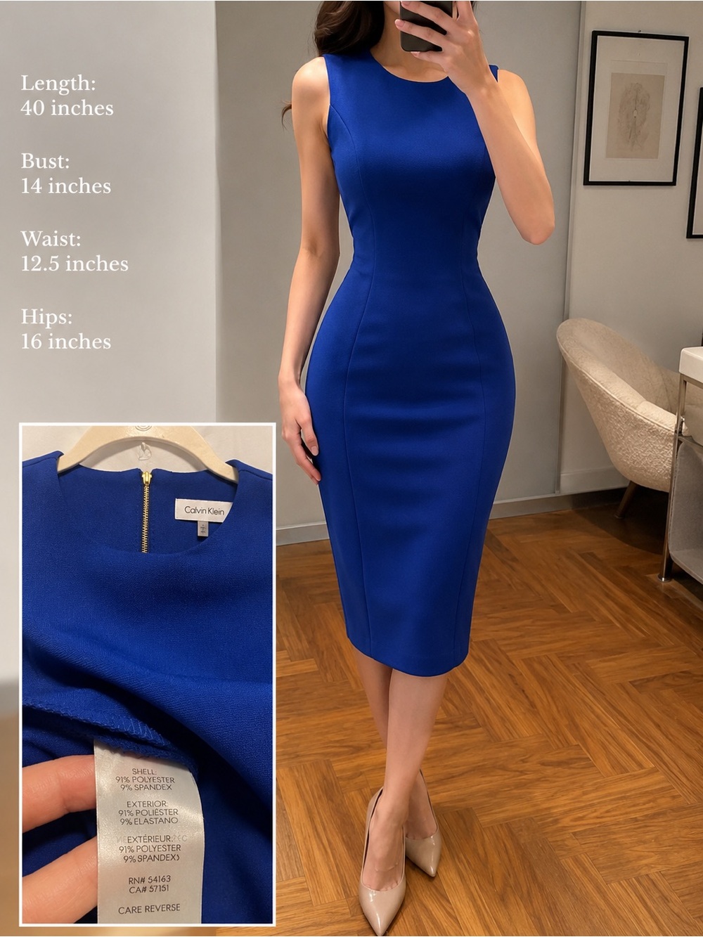 Calvin Klein Blue contouring, stretchy, comfy, Sleeveless Midi Dress.